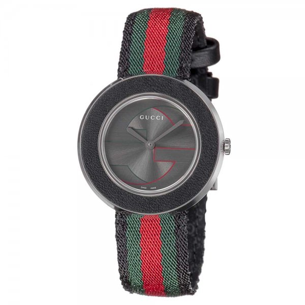 Reloj Gucci U Play para mujer YA129444 de acero inoxidable con correa de nailon a rayas USADO